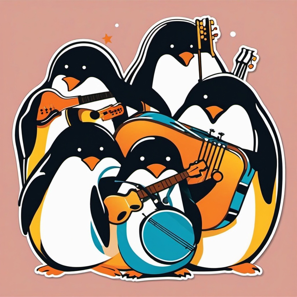 Penguin Music Band Sticker - A group of penguins forming a lively music band with various instruments. ,vector color sticker art,minimal