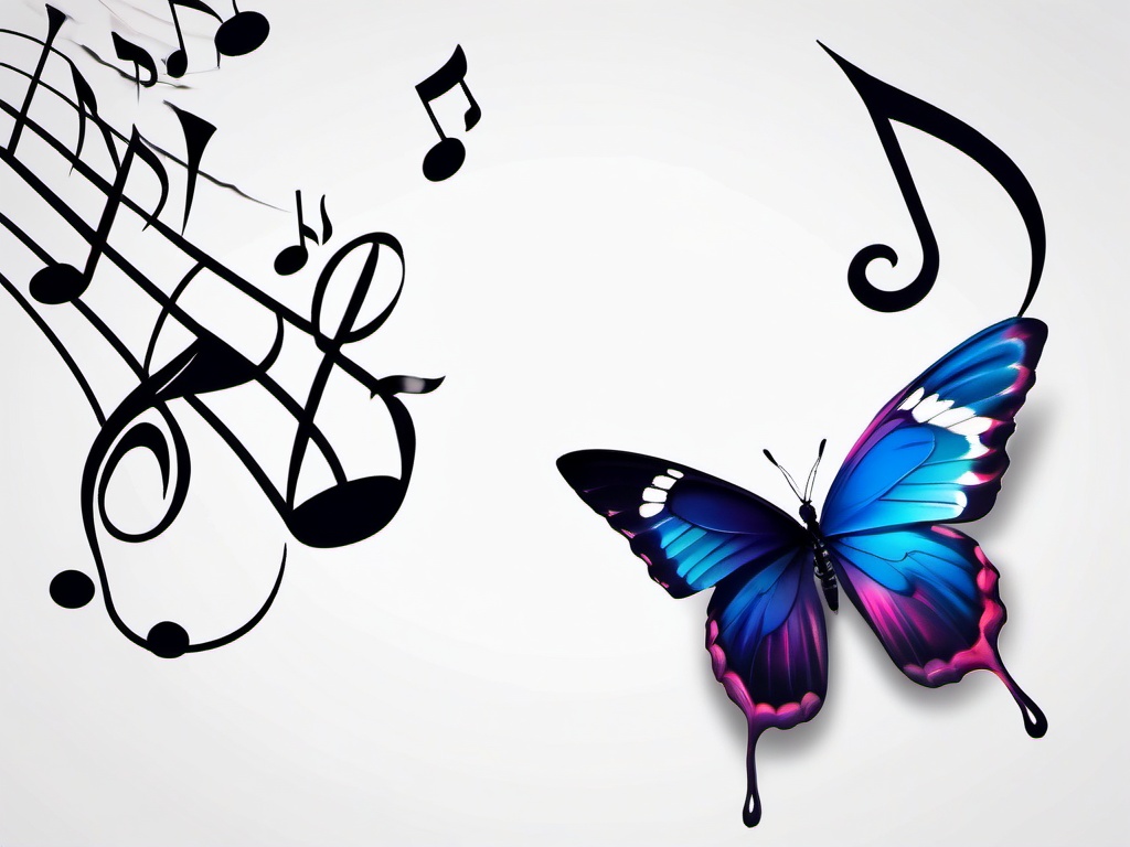 butterfly and music note tattoo  simple color tattoo,white background,minimal