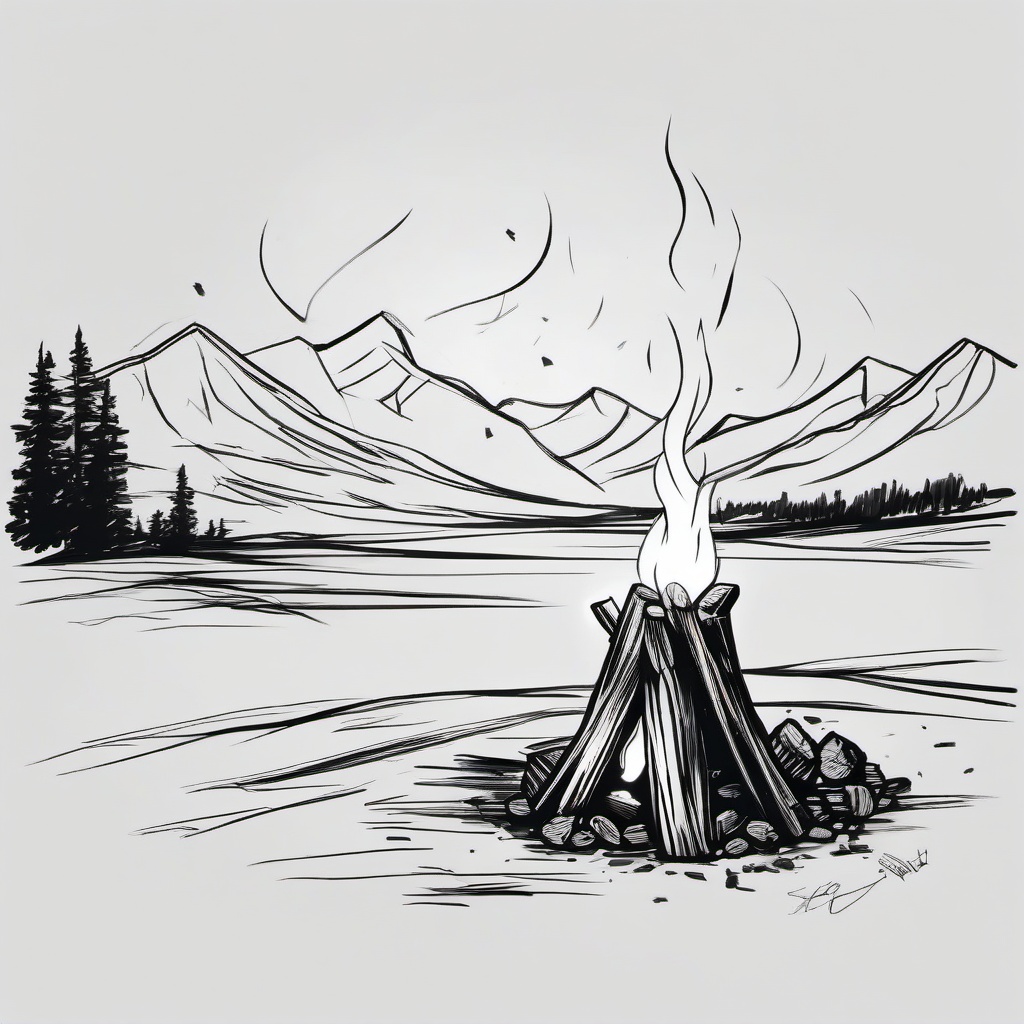 drawing of a campfire  minimal rough sketch scribbles,doodles,black and white