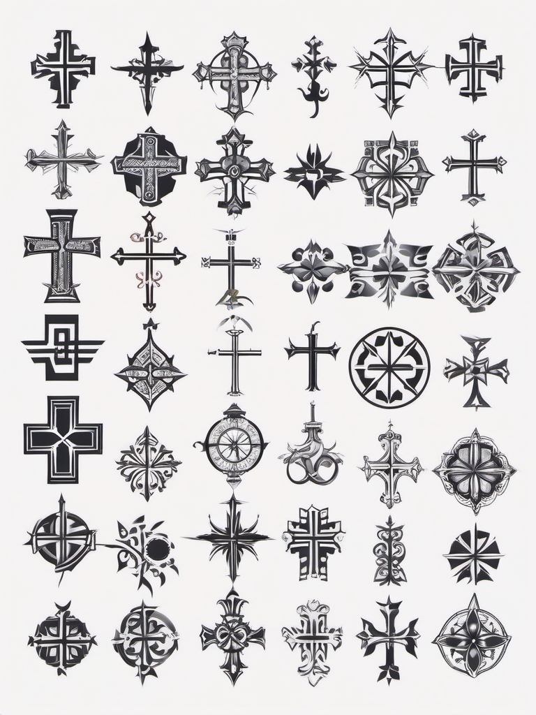 Cross tattoo designs: Varied crosses, each telling a story of faith, strength, or personal significance.  color tattoo style, minimalist, white background