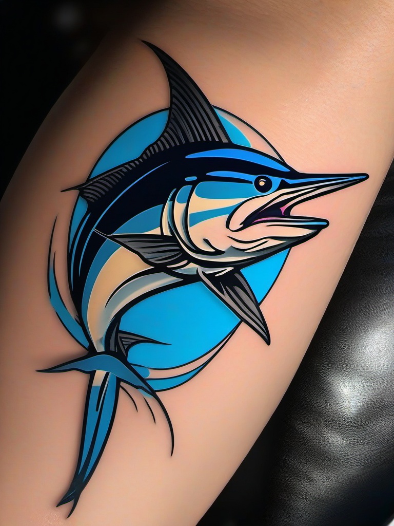 Blue Marlin Tattoo-Bold and dynamic tattoo featuring a blue marlin, capturing the speed and power of this iconic fish.  simple color vector tattoo