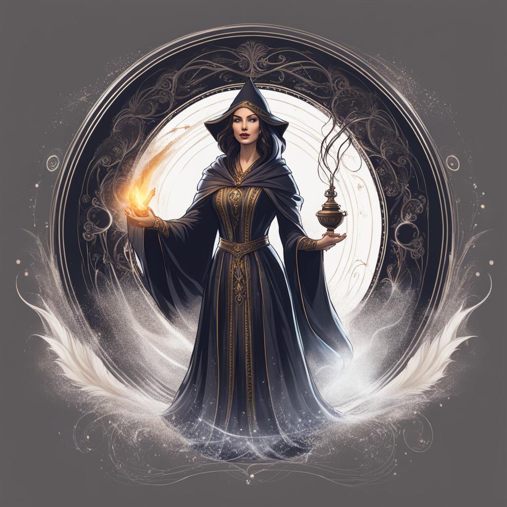 medieval sorceress conjuring a powerful spell with swirling magical energies. 