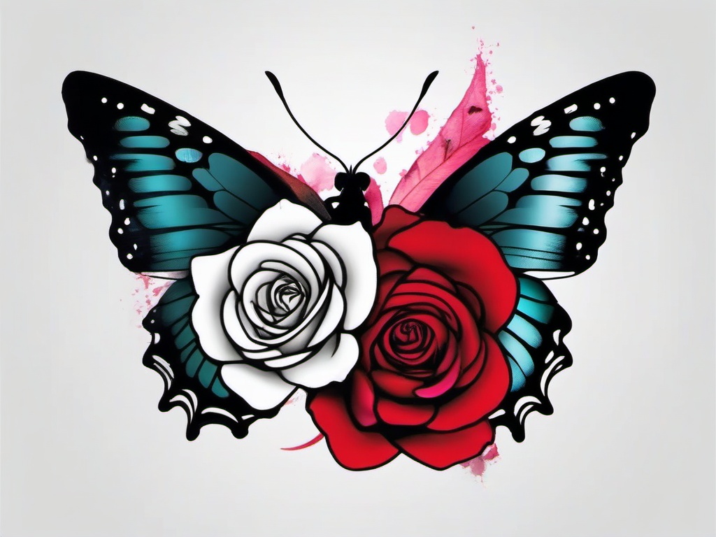 half butterfly half rose tattoo  simple color tattoo, minimal, white background