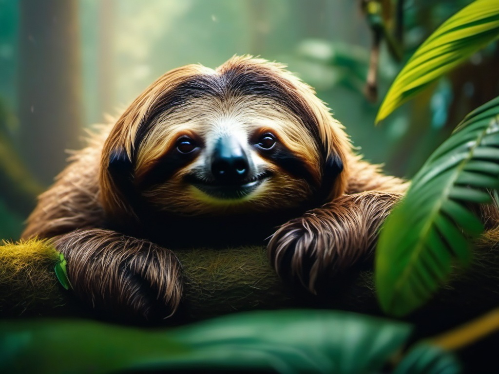 Cute Sloth Relaxing in a Misty Rainforest 8k, cinematic, vivid colors