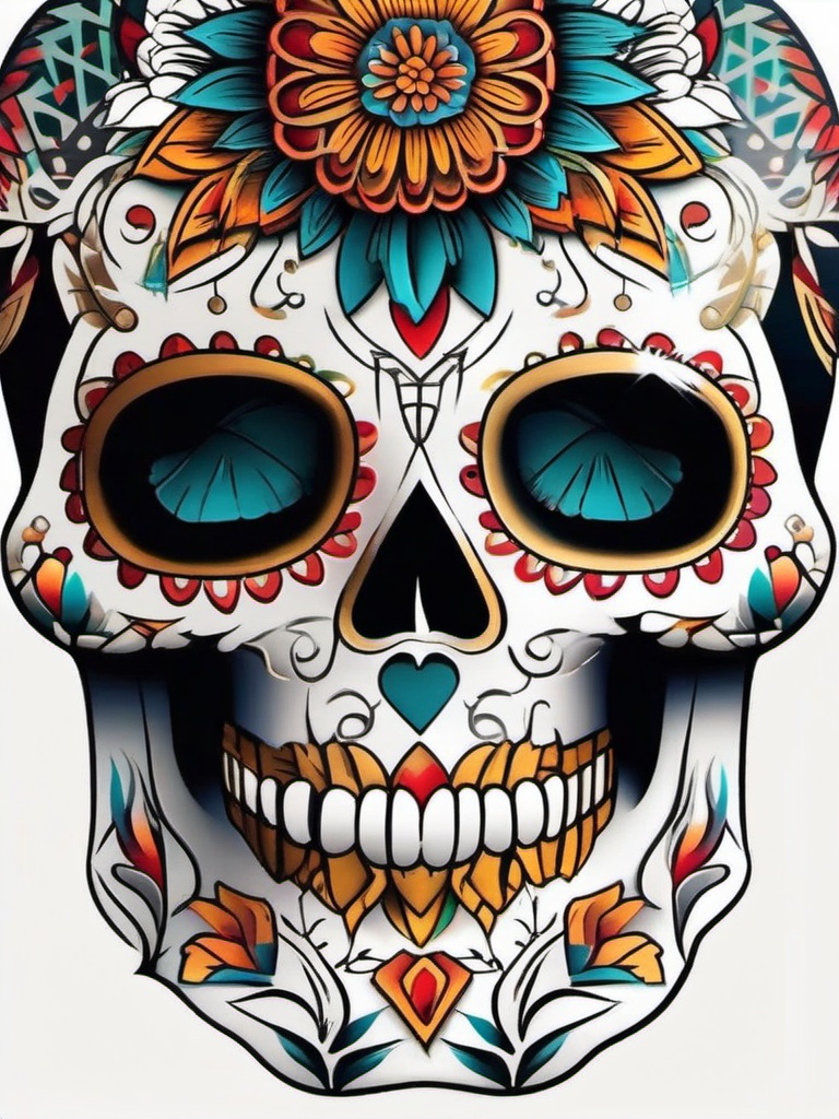 Aztec Sugar Skull Tattoo  minimal,color tattoo,white background