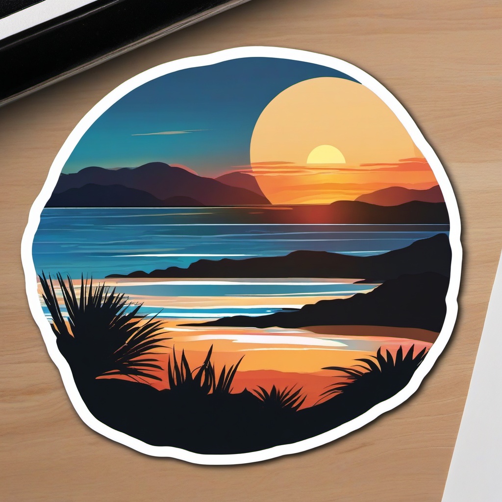 Sundown at Sea Sticker - Enjoy the calming beauty of the sun setting over the ocean with this coastal sunset sticker, , sticker vector art, minimalist design