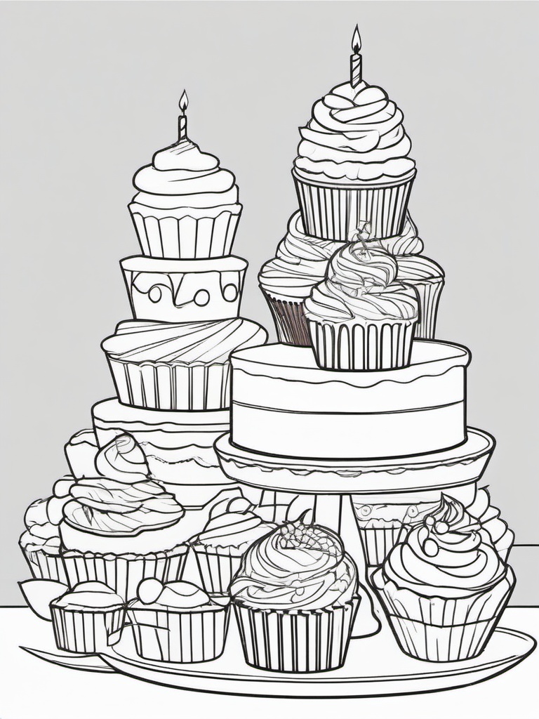 Birthday Cupcake Tower Coloring Pages - Tower of Yummy Cupcakes  minimal black outline printable sheet, coloring page