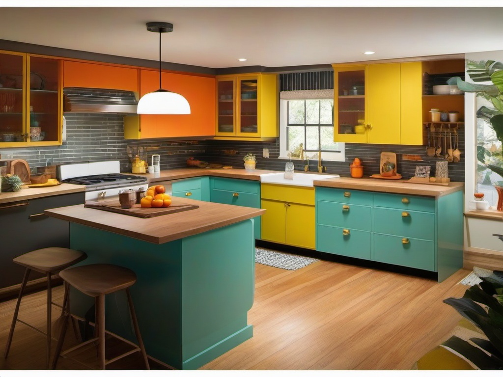 Mid-century modern kitchen features retro-inspired appliances, simple lines, and bold colors, creating a nostalgic and cheerful atmosphere.  