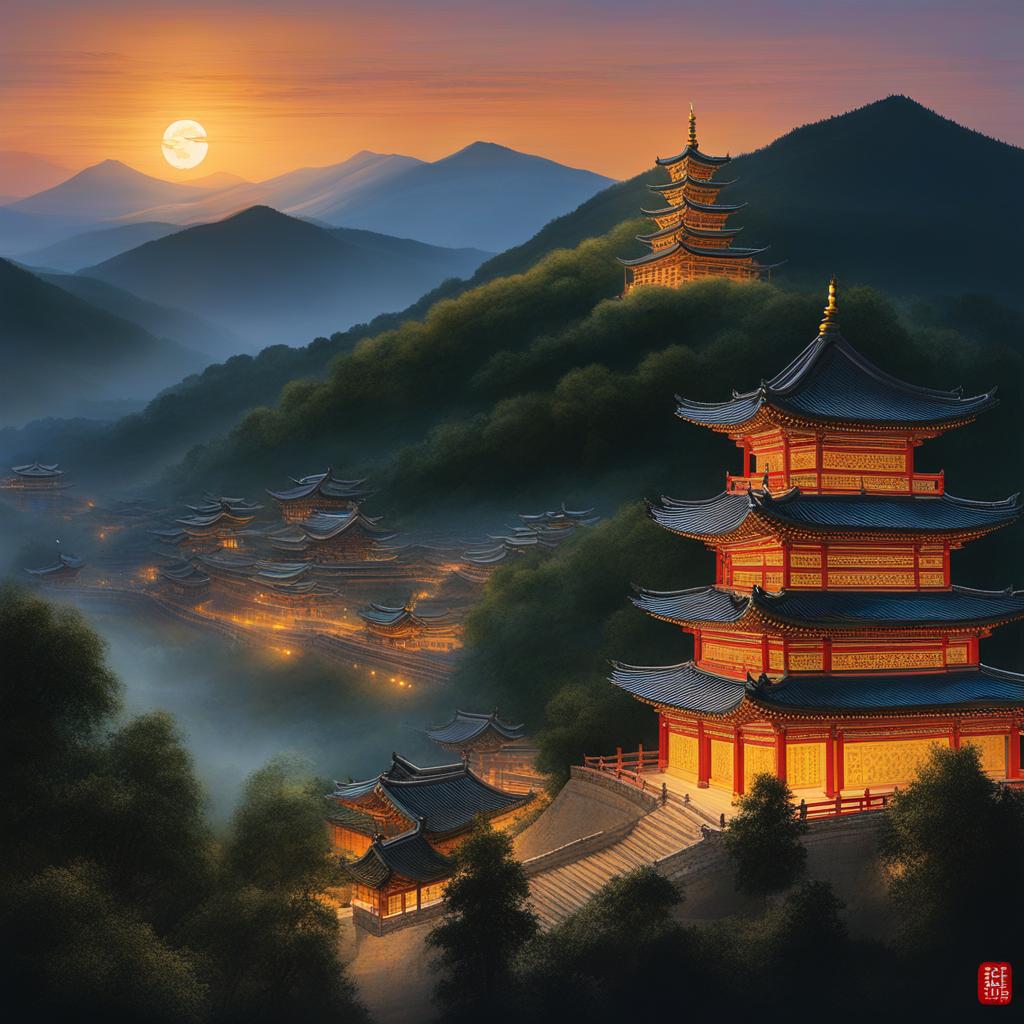 wutai mountain - craft a serene night painting of wutai mountain, a sacred buddhist site, where ancient temples and pagodas are softly lit under the night sky. 