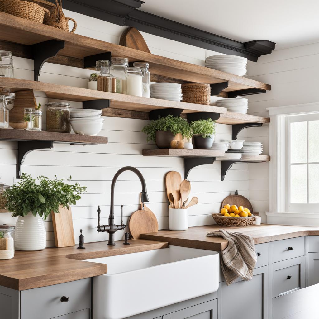 farmhouse kitchen with a farmhouse sink and open shelving. 