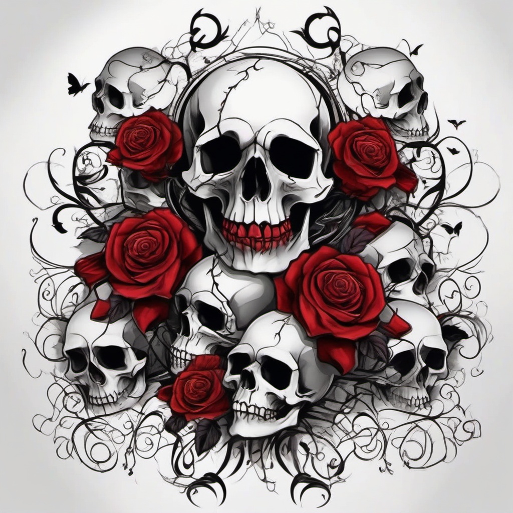 lots of skulls with many dark red roses, black vines, and white crosses tattoo sleeve  ,tattoo design, white background