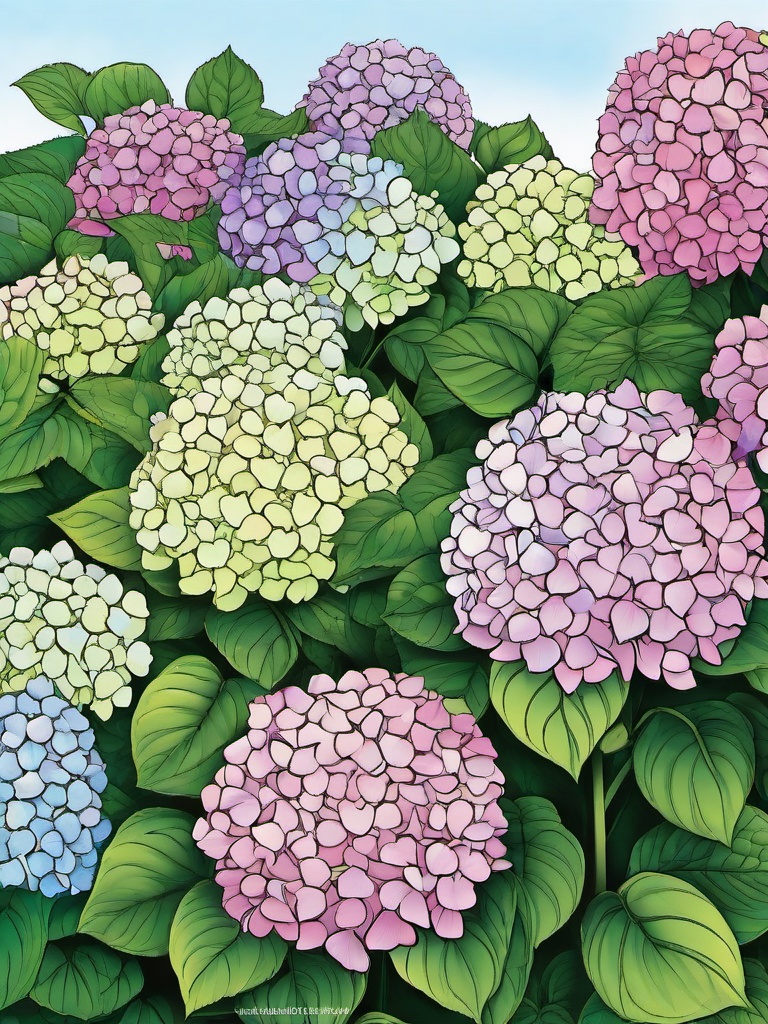 Hydrangea coloring page sheet - Large hydrangea clusters adding color to a shaded garden area.  black outline printable coloring page