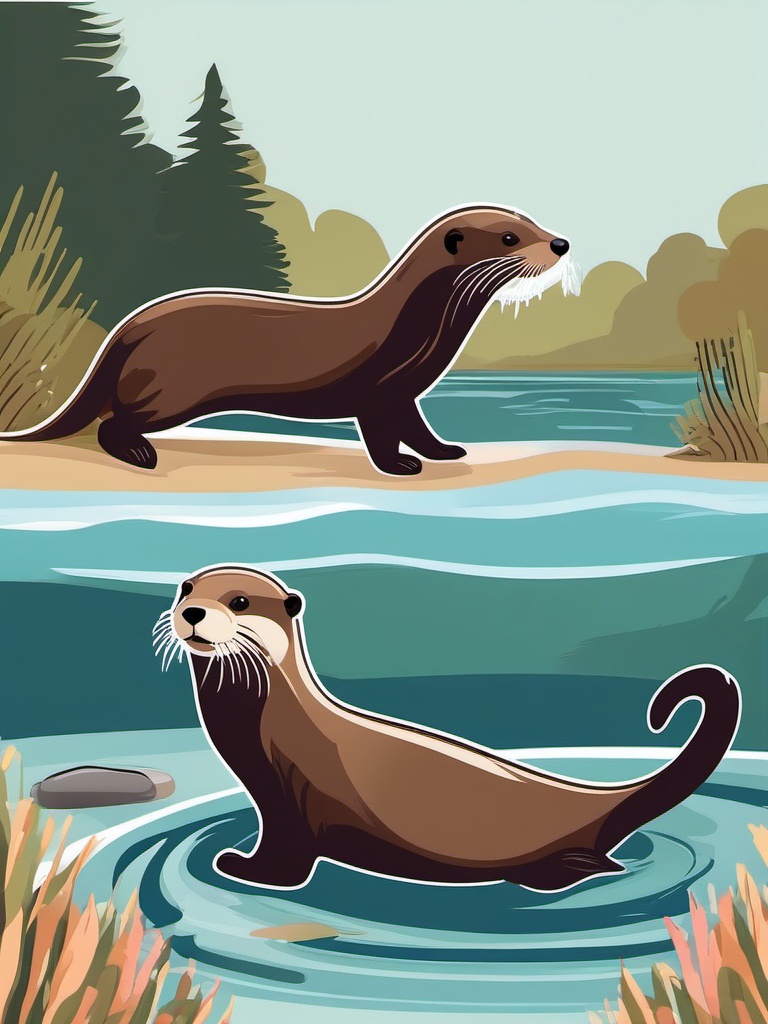 River Otter Clip Art - River otter playing in the water,  color vector clipart, minimal style