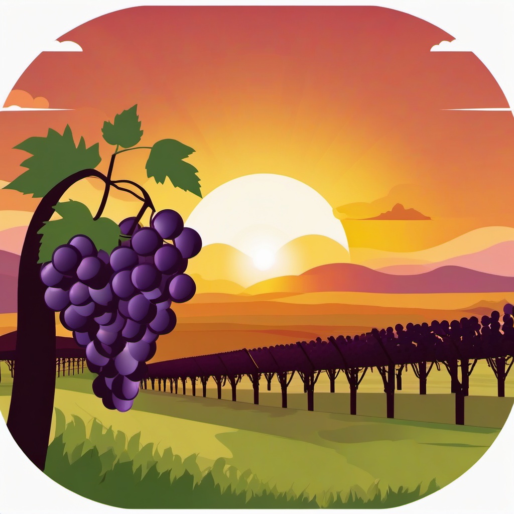 Grapes in Vineyard with Sunset Clipart - Grapes hanging in a vineyard at sunset.  color vector clipart, minimal style