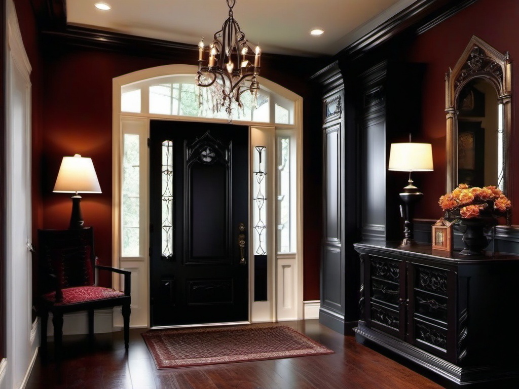 Gothic entryway incorporates dark wood furniture, rich colors, and dramatic decor that create a moody and inviting space for entering the home.  