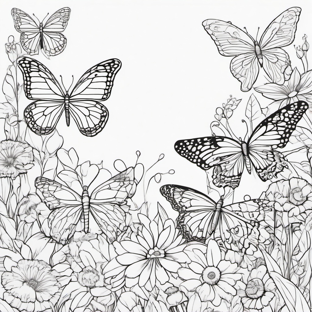 Summer Coloring Pages - Garden filled with colorful butterflies and flowers  simple coloring pages