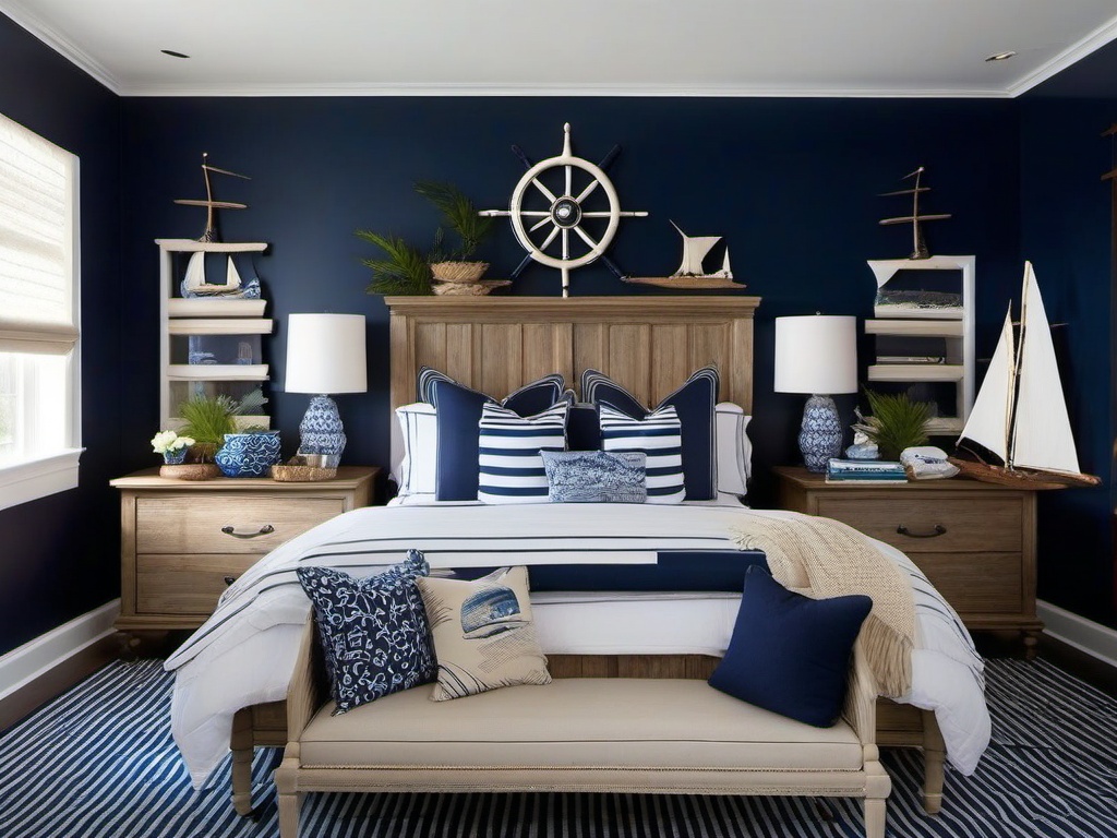 Nautical bedroom with navy blue accents, ship-themed decor, and a driftwood-style headboard creates a breezy seaside escape.  