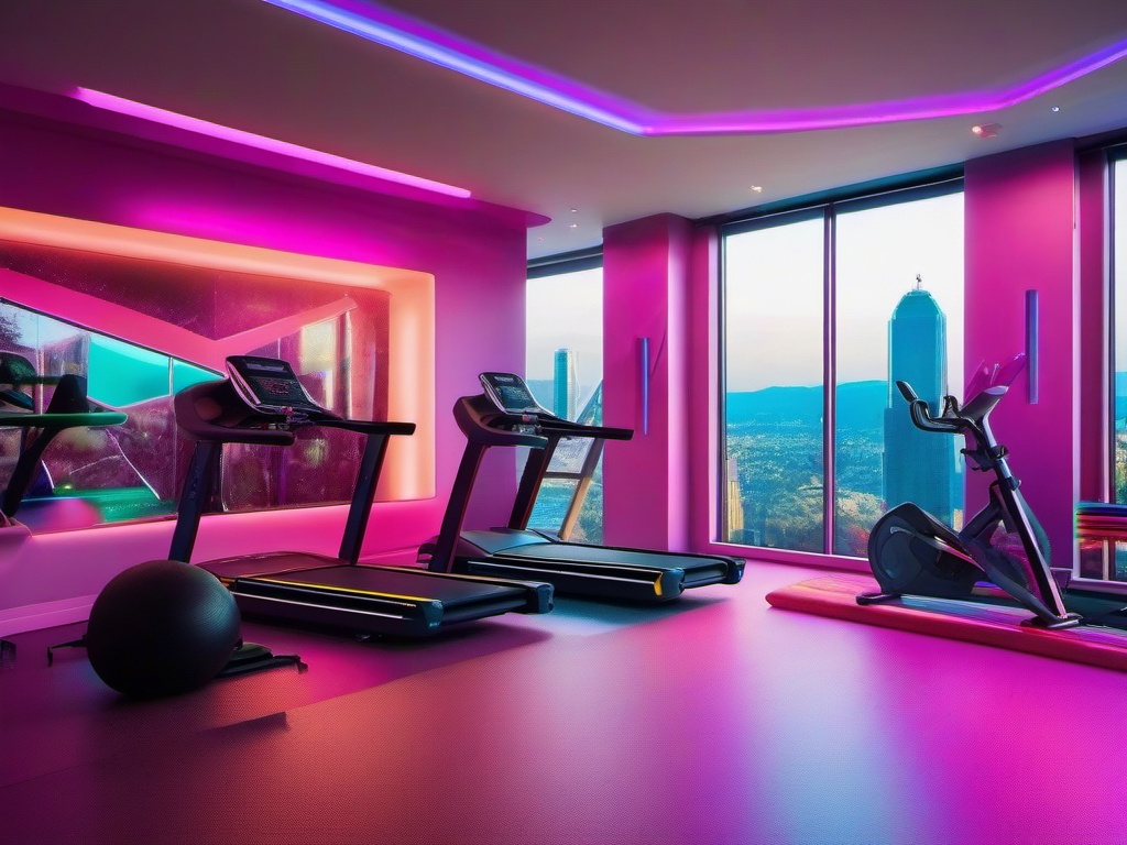 In the gym room, cosmic chic interior design includes bright exercise equipment, colorful decor, and ambient lighting that enhances energy and motivation during workouts.  