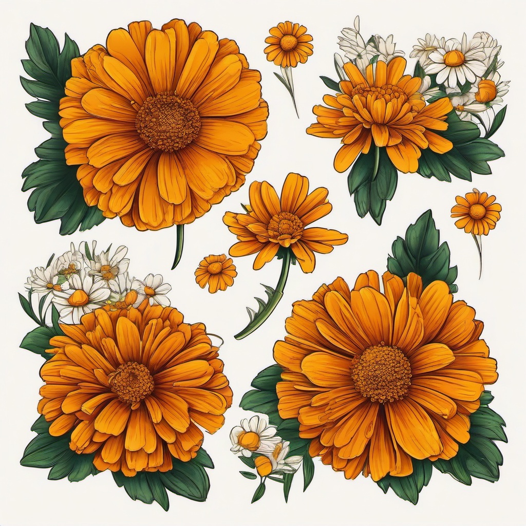 Marigold and Daisy Tattoo-Combination of the warmth of marigolds with the charm of daisies in a tattoo, expressing love and positivity.  simple vector color tattoo