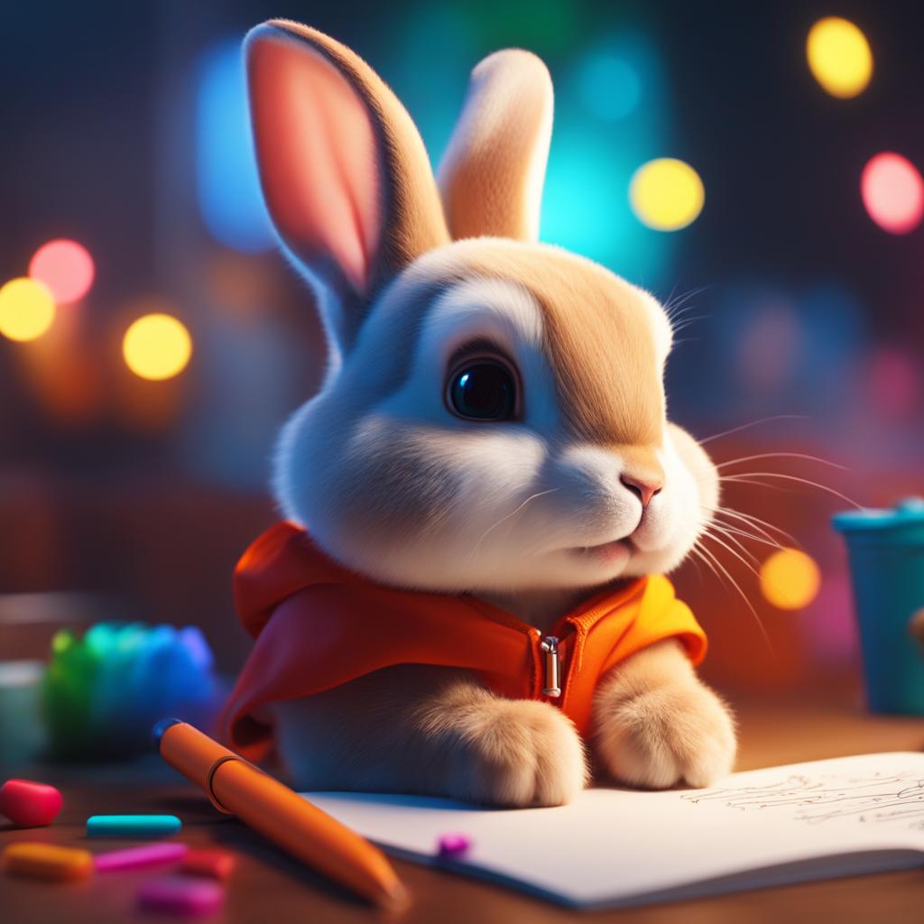 cute rabbit writing bright colors cinematic 8k