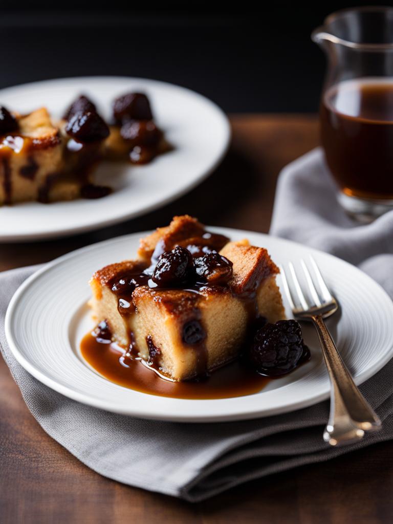 a plate of warm, gooey bread pudding, studded with raisins and served with a bourbon sauce. 