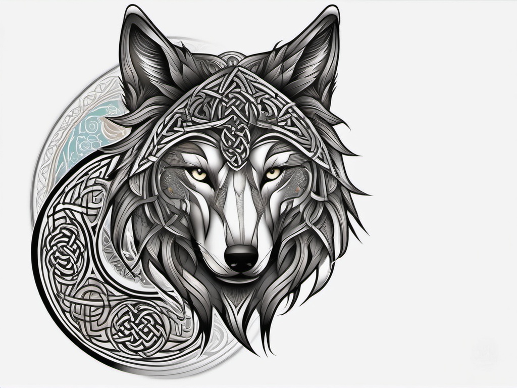 Celtic Wolf Tattoo,wolf adorned with the intricate and mystical patterns of Celtic art, emblem of ancient wisdom. , color tattoo design, white clean background