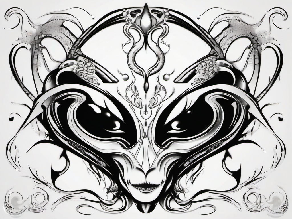 Black and White Alien Tattoo - Classic elegance meets cosmic charm in a black and white alien tattoo.  simple color tattoo,vector style,white background