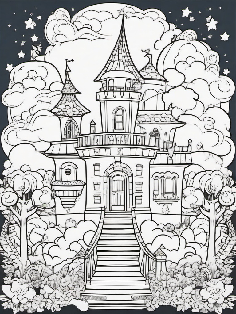 House Coloring Pages - Castle in the clouds surrounded by whimsical creatures  simple coloring pages