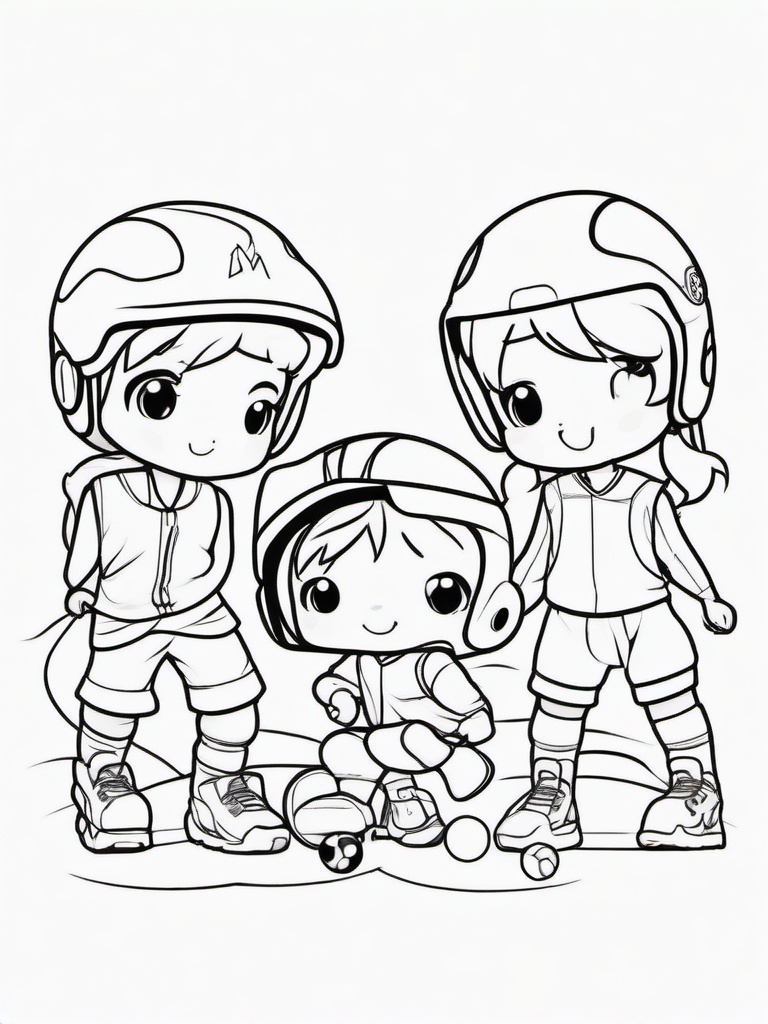 Kawaii Sports Coloring Pages - Adorable Characters Playing Sports Together  minimal black outline printable sheet, coloring page