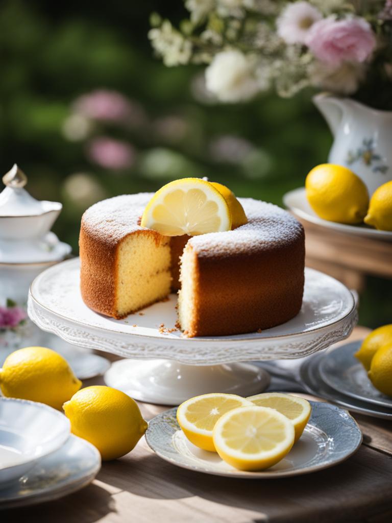 lemon drizzle cake served at a tea party in a charming english cottage. 