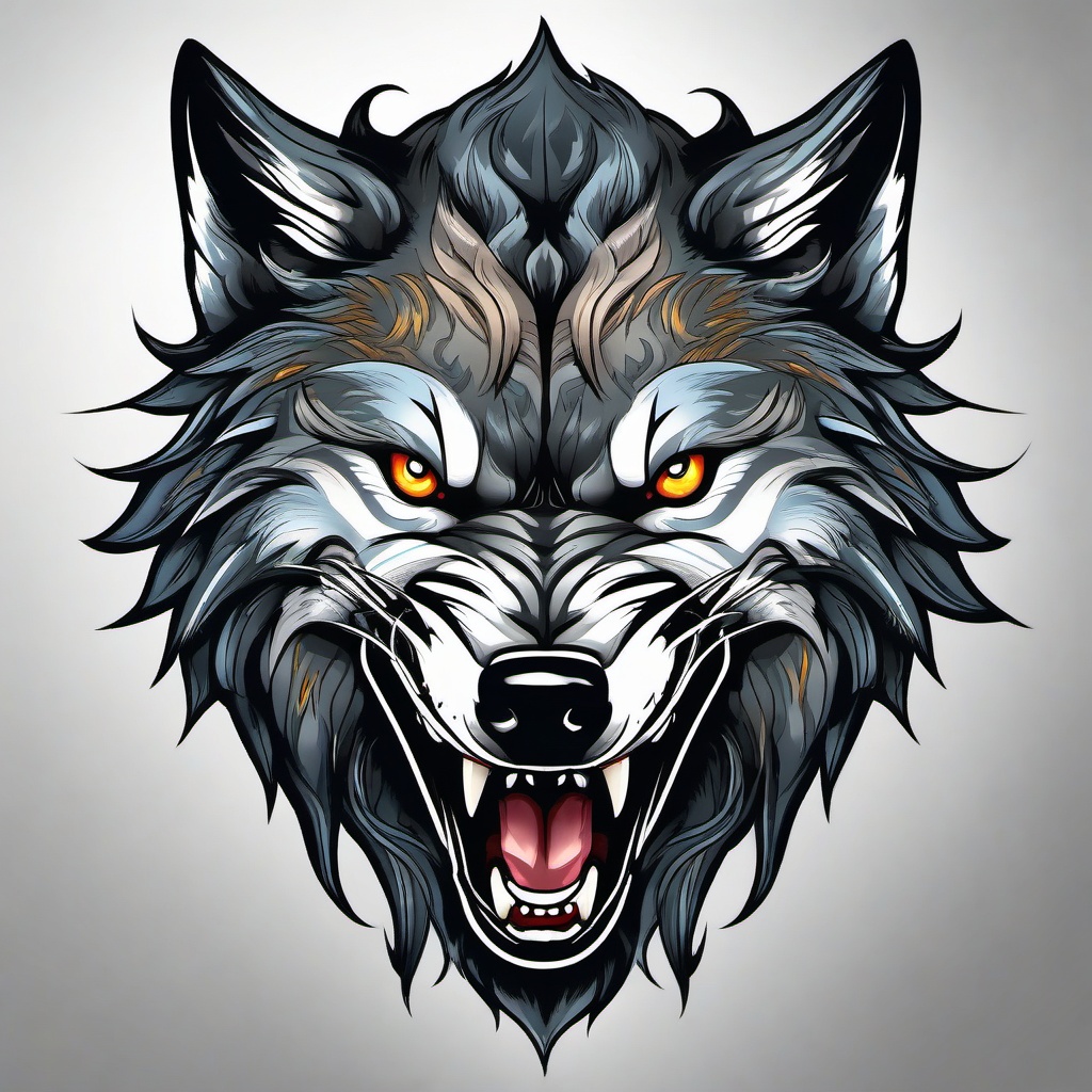 Snarling Wolf Tattoo,fierce wolf caught in the act of snarling, emblem of raw, untamed power. , color tattoo design, white clean background