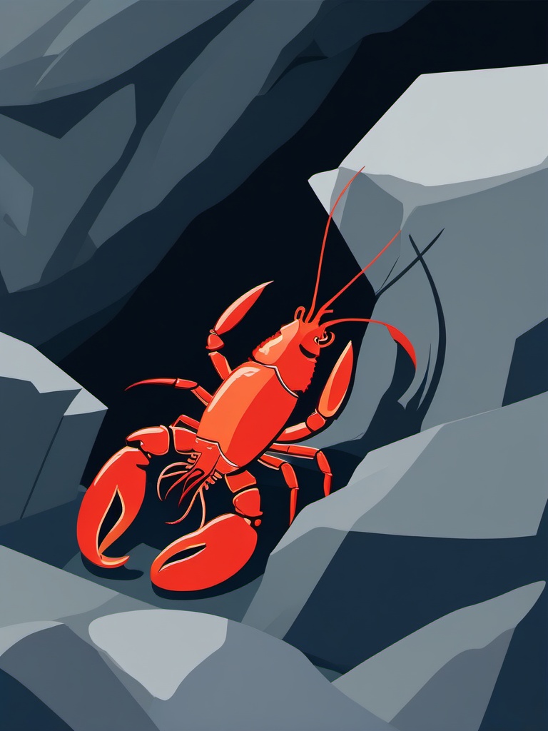 Hidden Lobster in Cavern Clip Art - A lobster hidden in a rocky cavern,  color vector clipart, minimal style