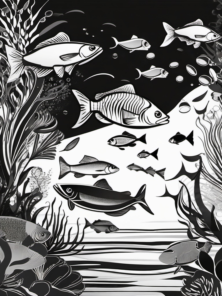 Clipart of Fish Black and White,Decorating a monochrome underwater-themed mural with clipart of fish black and white  simple, 2d flat