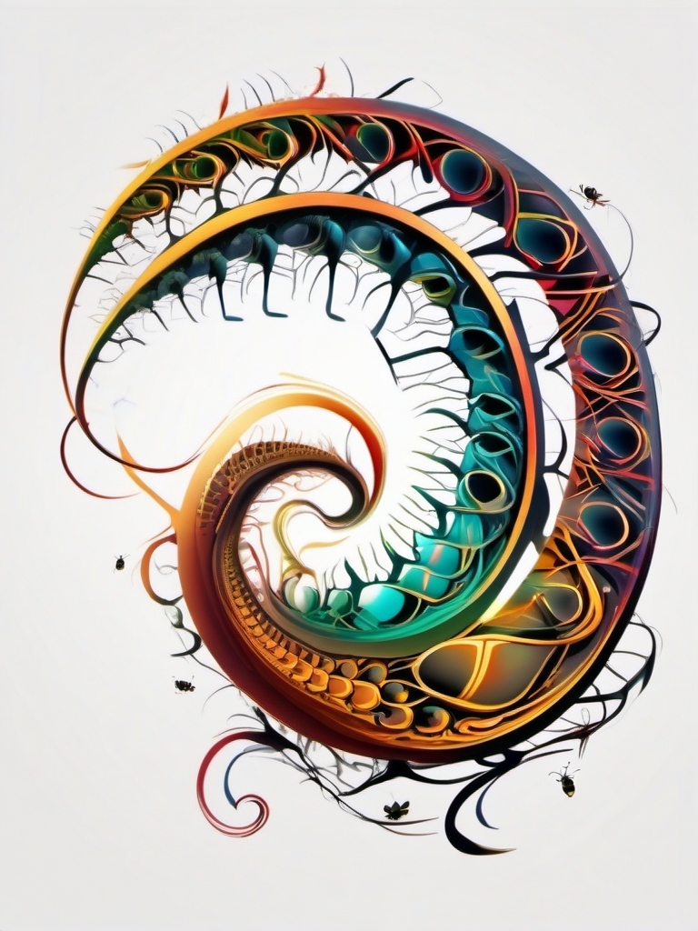 Abstract centipede heartbeat tattoo: Rhythmic pulse echoing insect life.  color tattoo style, white background