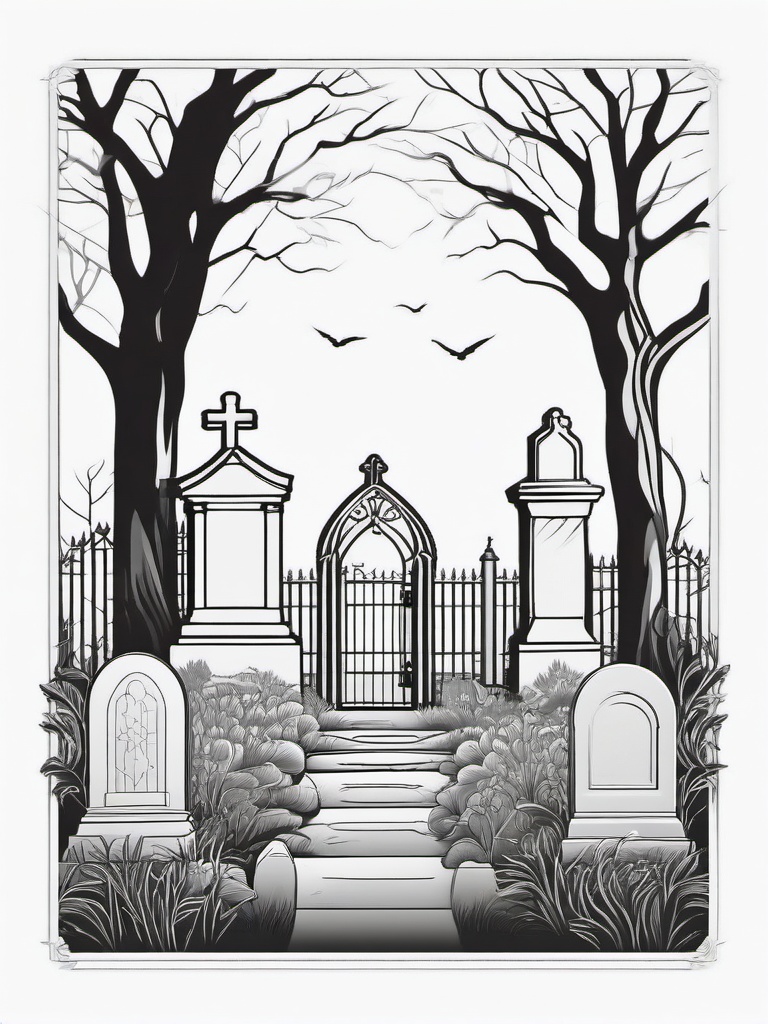 Foggy Graveyard Coloring Pages - Misty Cemetery with Shadows  minimal black outline printable sheet, coloring page