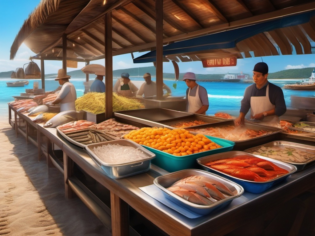 Beachside fish market and seafood close shot perspective view, photo realistic background, hyper detail, high resolution