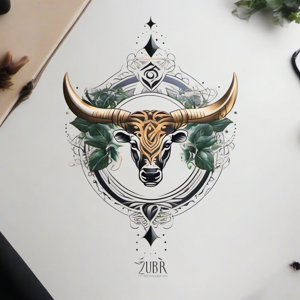 Taurus Libra Combined Tattoo-Creative fusion of Taurus and Libra symbols, resulting in a harmonious and balanced astrological tattoo.  simple color tattoo,white background