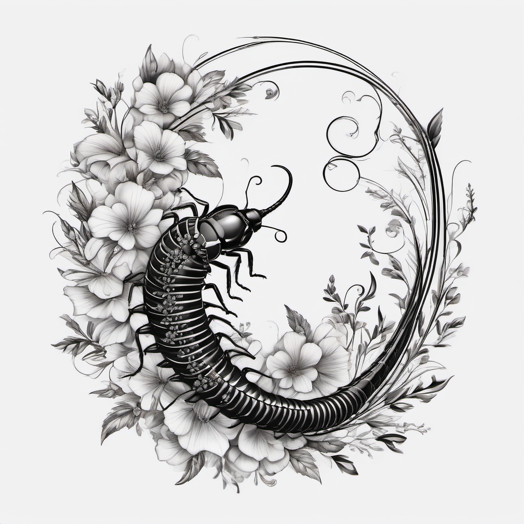 Centipede with floral details design: Delicate blooms accentuating insect grace.  black white tattoo, white background