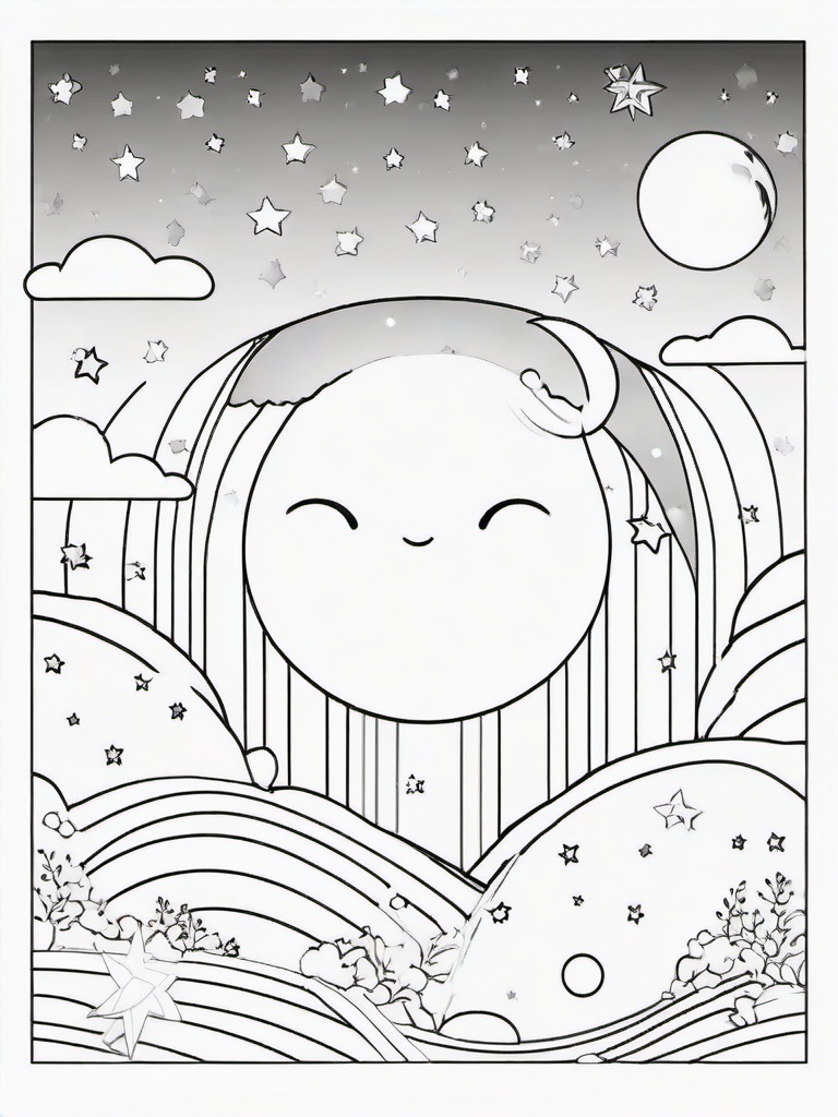 Rainbow Coloring Page - Rainbow with stars and a moon.  easy,simple,minimal,coloring pages,black and white outline