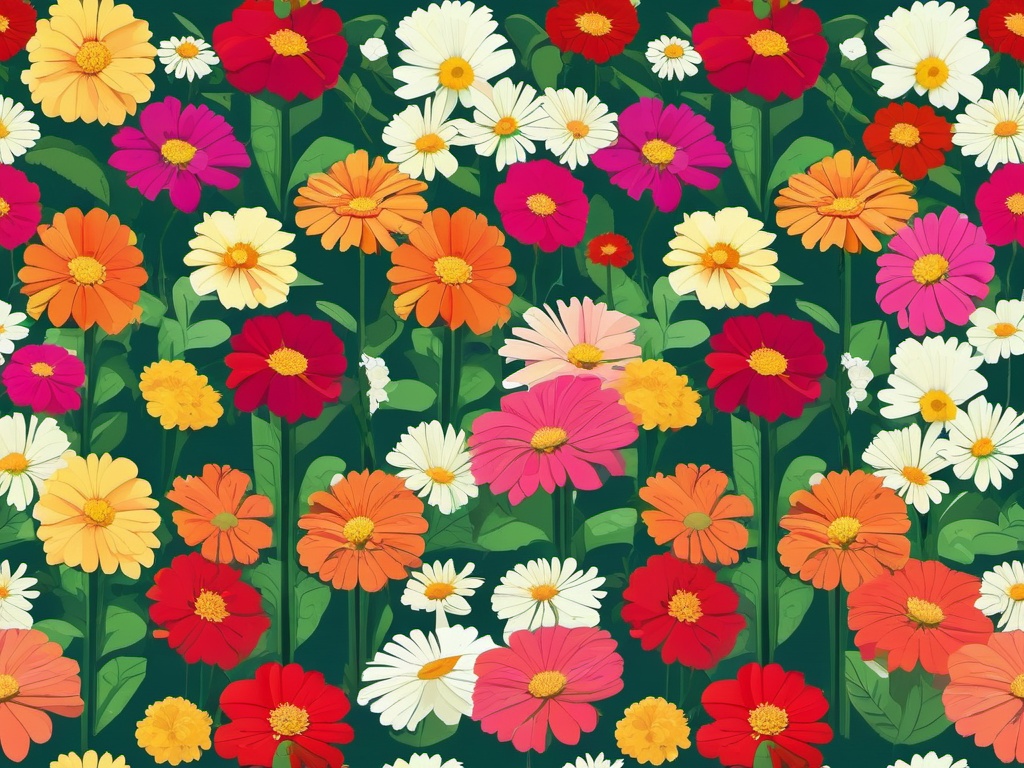 Zinnia Clip Art - Colorful zinnias in a garden setting,  color vector clipart, minimal style