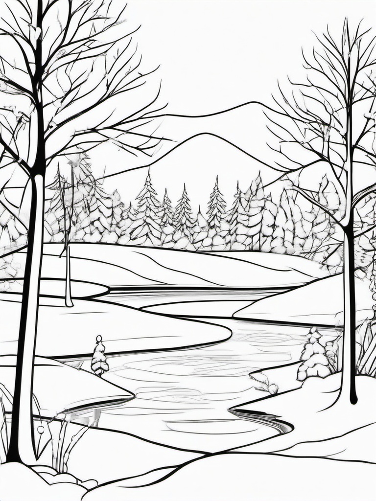 Winter Pond with Skaters Coloring Pages - Fun Ice Skating on Frozen Ponds  minimal black outline printable sheet, coloring page