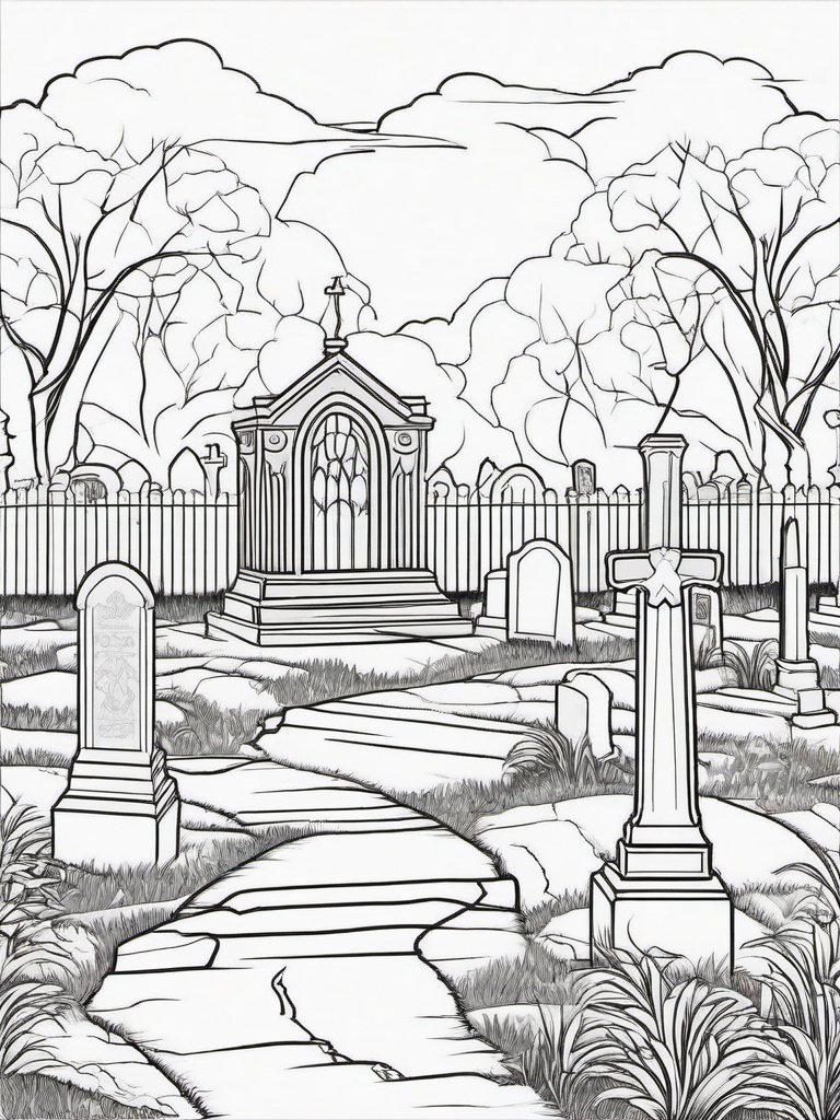 Graveyard Coloring Pages - Eerie Cemetery with Tombstones  minimal black outline printable sheet, coloring page