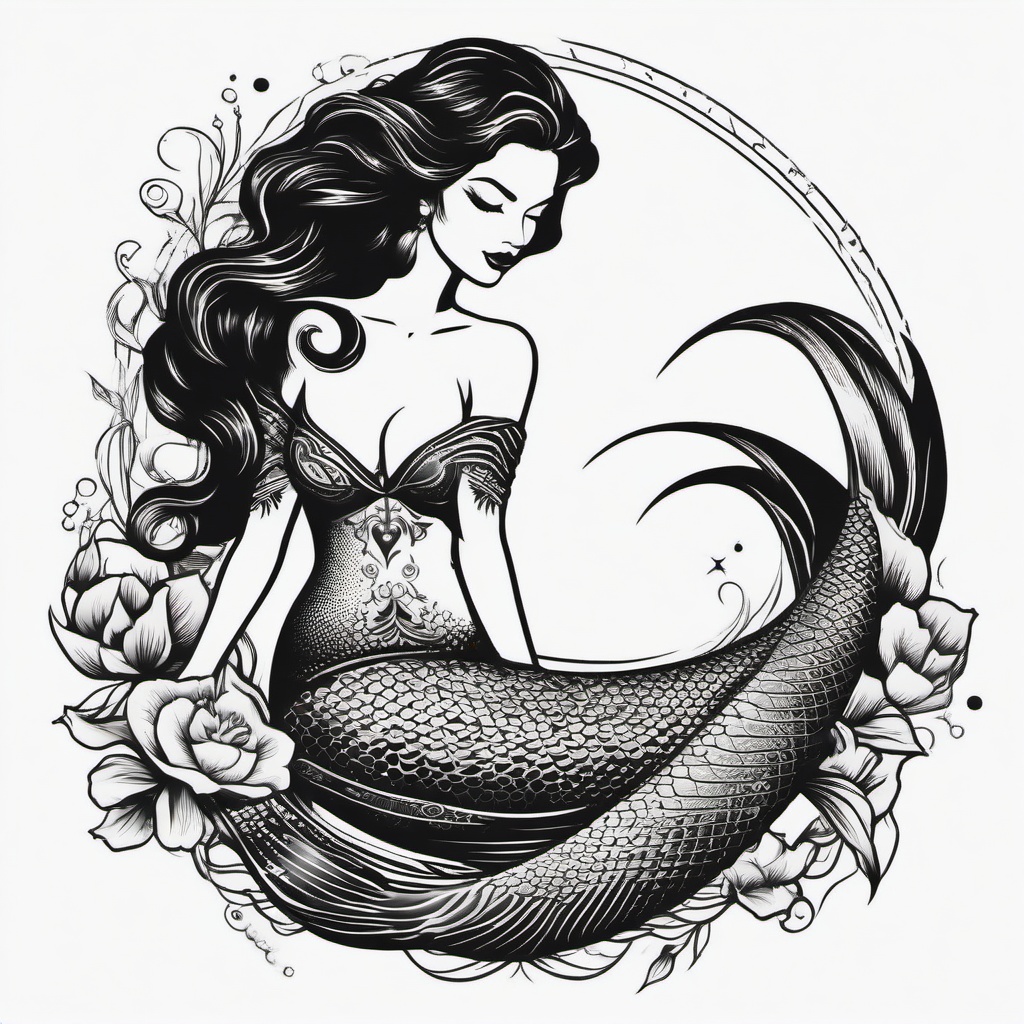 Black Traditional Mermaid Tattoo - Combine traditional tattoo art with the allure of a black mermaid design.  simple vector color tattoo,minimal,white background