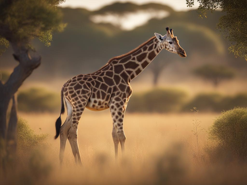 giraffe calf reaching for leaves in a sprawling savanna 8k ultrarealistic cinematic 