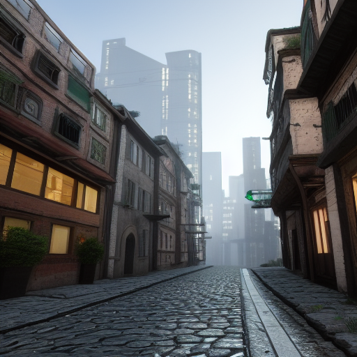 shot from narrow cobblestone alley with buildings on left and right side with many storeys and dense detailed glass windows and balconies modern cyberpunk 8k ultra realistic 