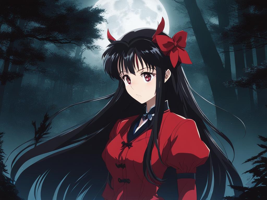 rin tohsaka - confronts a magical adversary in a mystical forest bathed in moonlight. 