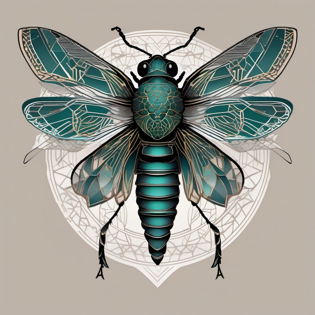 Cicada with geometric patterns design: Modern design intricately woven into nature's beauty.  simple color tattoo style