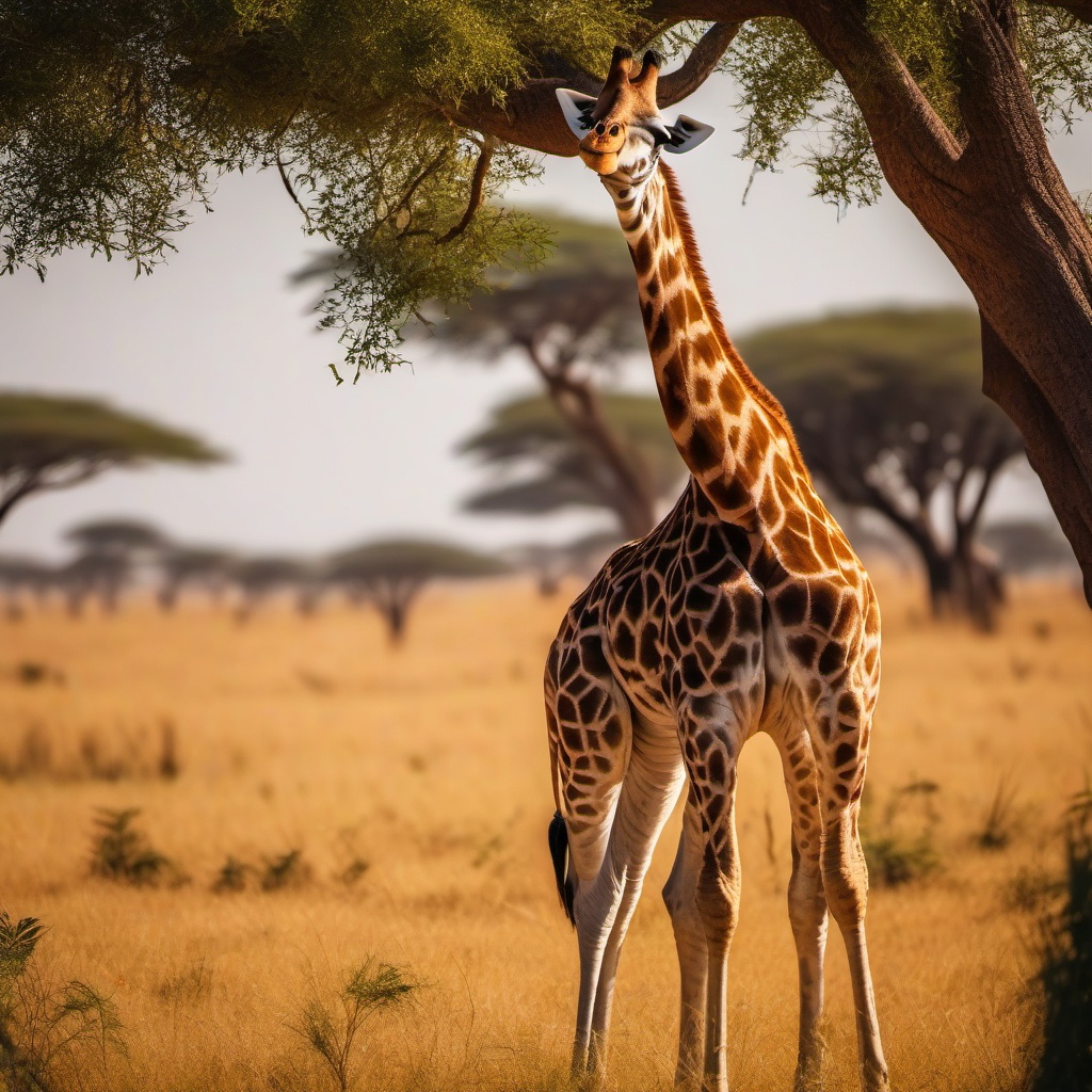 Cute Giraffe Nibbling on Leaves in the African Savannah 8k, cinematic, vivid colors