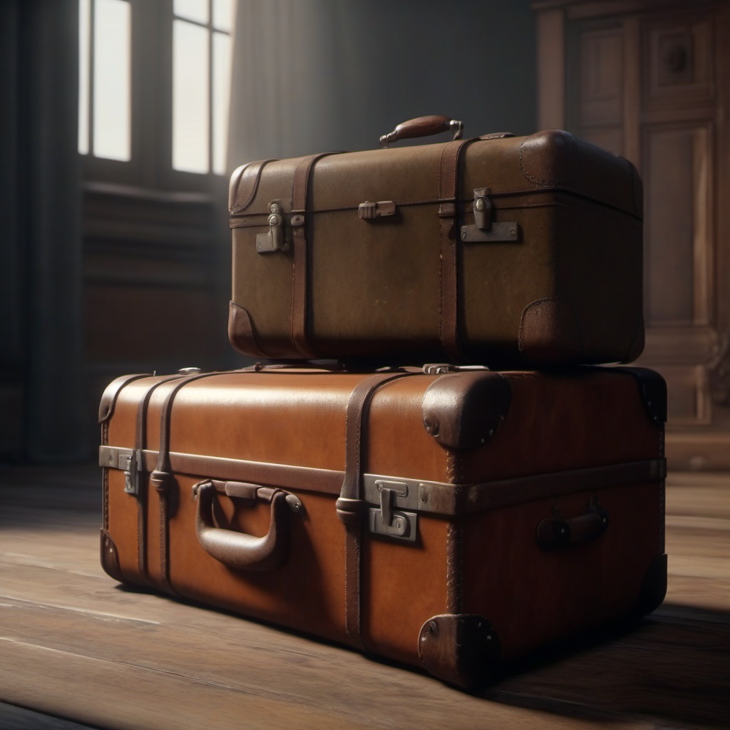 Old, battered suitcase recounts its adventures to a curious traveler.  8k, hyper realistic, cinematic