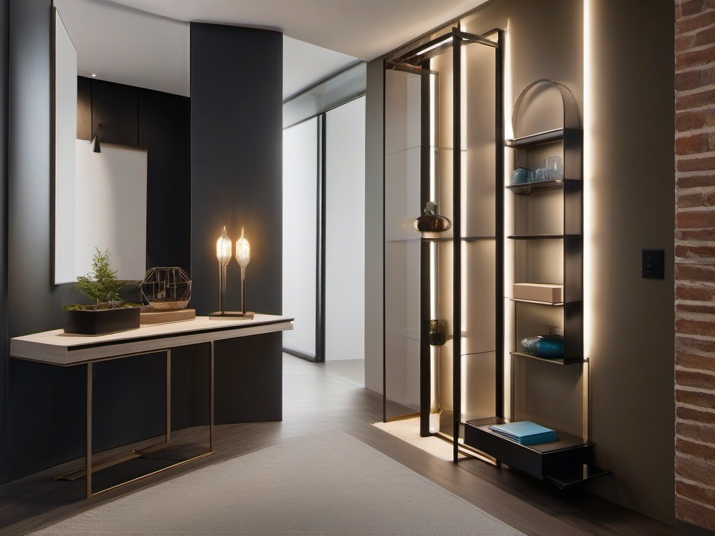 Bauhaus foyer features sleek storage solutions, minimalist lighting, and geometric accents, offering a functional and visually streamlined entry into the home.  